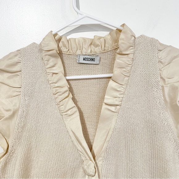 MOSCHINO Cashmere & Silk Blend Cream V-Neck Short Sleeve Ruffle Cardigan Small - Picture 9 of 11